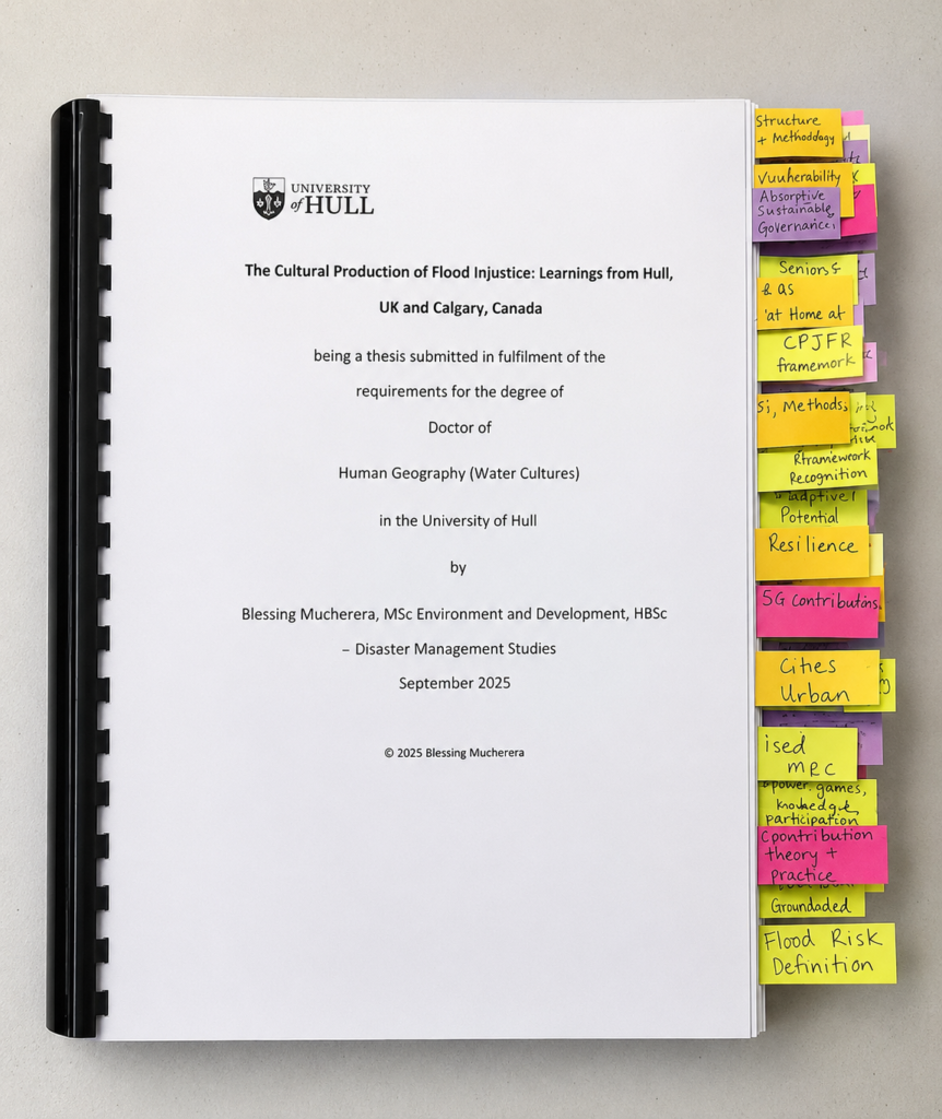 Bound PhD thesis prepared for viva examination with colour-coded tabs marking key sections and concepts.
