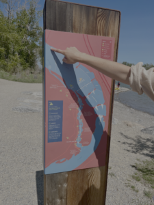 Participant pointing to a map during a walking interview along the Bow River in Calgary as part of participatory flood resilience research.